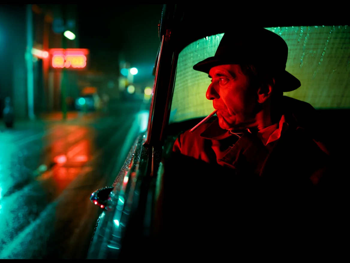 A gritty street corner in the pouring rain, captured through the windshield of a parked car. Inside, Al Pacino in profile, illuminated by the red glow of a streetlight, wears a trench coat and fedora, a lit cigarette dangling from his lips. The reflection of the city's neon signs paints the wet asphalt in teal and orange hues, creating a cinematic neo-noir atmosphere.