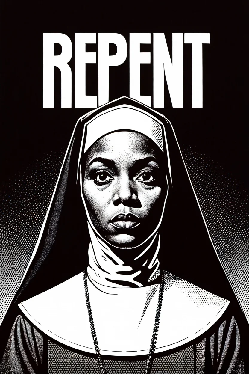 A black Japanese movie poster features a prominent title text reading "REPENT" in bold white English against a white rectangular background centered at the top. Below the title, an illustration depicts an African American woman wearing a traditional Catholic nun's habit with white coif and black veil. The poster utilizes high-contrast black and white bitmap printing techniques characteristic of 1970s Japanese horror film marketing, with visible halftone dot patterns throughout the illustration. High-contrast black and white bitmap printing with visible halftone patterns and sharp geometric typography typical of 1970s Japanese movie posters.