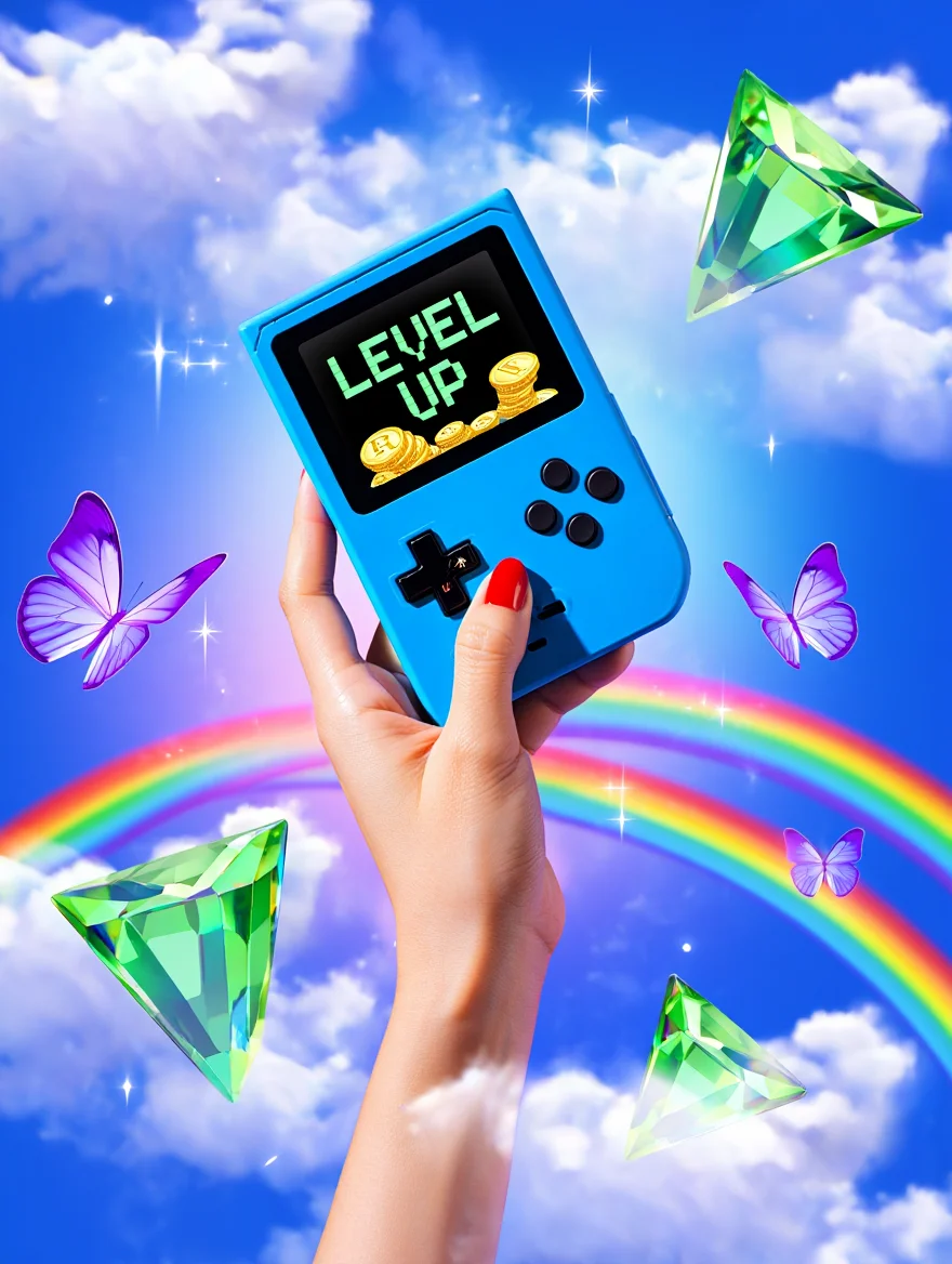 A surreal digital art composition featuring a photographic image of a light-skinned hand with red nail polish holding a bright blue handheld gaming device. The device's screen displays the text "LEVEL UP" in green pixelated font with gold coins visible at the bottom. The gaming console is centered in a dreamlike sky environment with fluffy white clouds and a vibrant blue background. Three translucent green triangular gems with faceted surfaces float around the device, along with three glowing purple butterflies with translucent wings. Twinkling star-like sparkles are scattered across the sky, and a colorful rainbow arcs across the bottom portion of the image, framing the entire scene. The composition blends nostalgic gaming elements with fantastical digital art in a saturated color palette dominated by blues, whites, and greens. Digital composite photography combines realistic textures with dreamlike lighting effects.