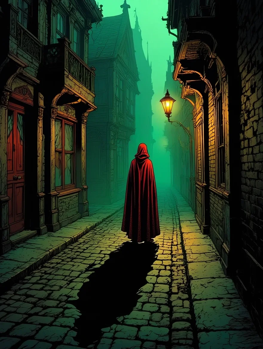 A figure entirely obscured by a crimson cloak stands on an ancient cobblestone street, illuminated by a flickering gas lamp. Eerie emerald green fog rolls in from the distance, obscuring the ornate, gothic architecture lining the street. The buildings are grotesquely elongated, vanishing into the fog above. The figure's form is warped by the unnatural lighting, casting a long, distorted shadow down the street. Visible film grain adds a palpable texture, particularly pronounced in the inky black shadows. The scene is cropped off-center, emphasizing the figure and their elongated shadow stretching into the fog. The overall palette consists of deep greens, blacks, and reds, creating a sense of unease. Graphic novel illustration with heavy ink textures and a vintage horror comic book aesthetic.